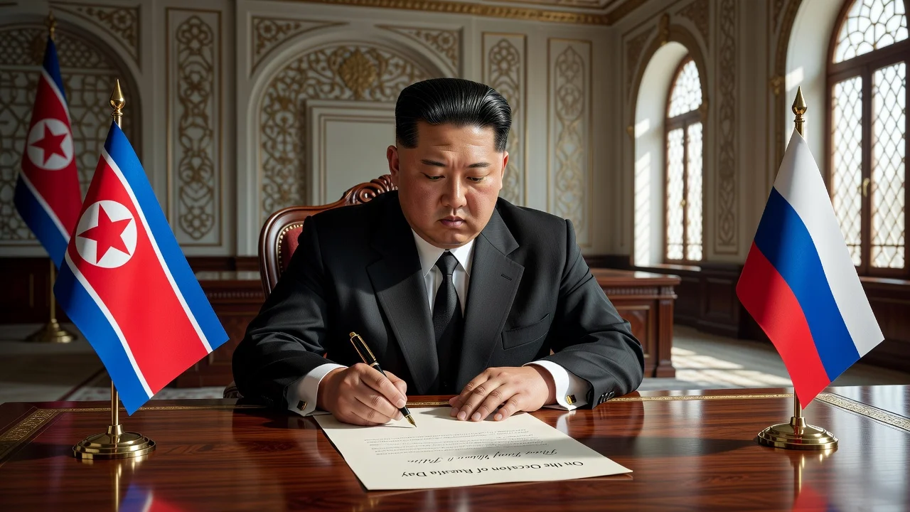 Illustration of Kim Jong-un writing a letter to Vladimir Putin to reaffirm their alliance.