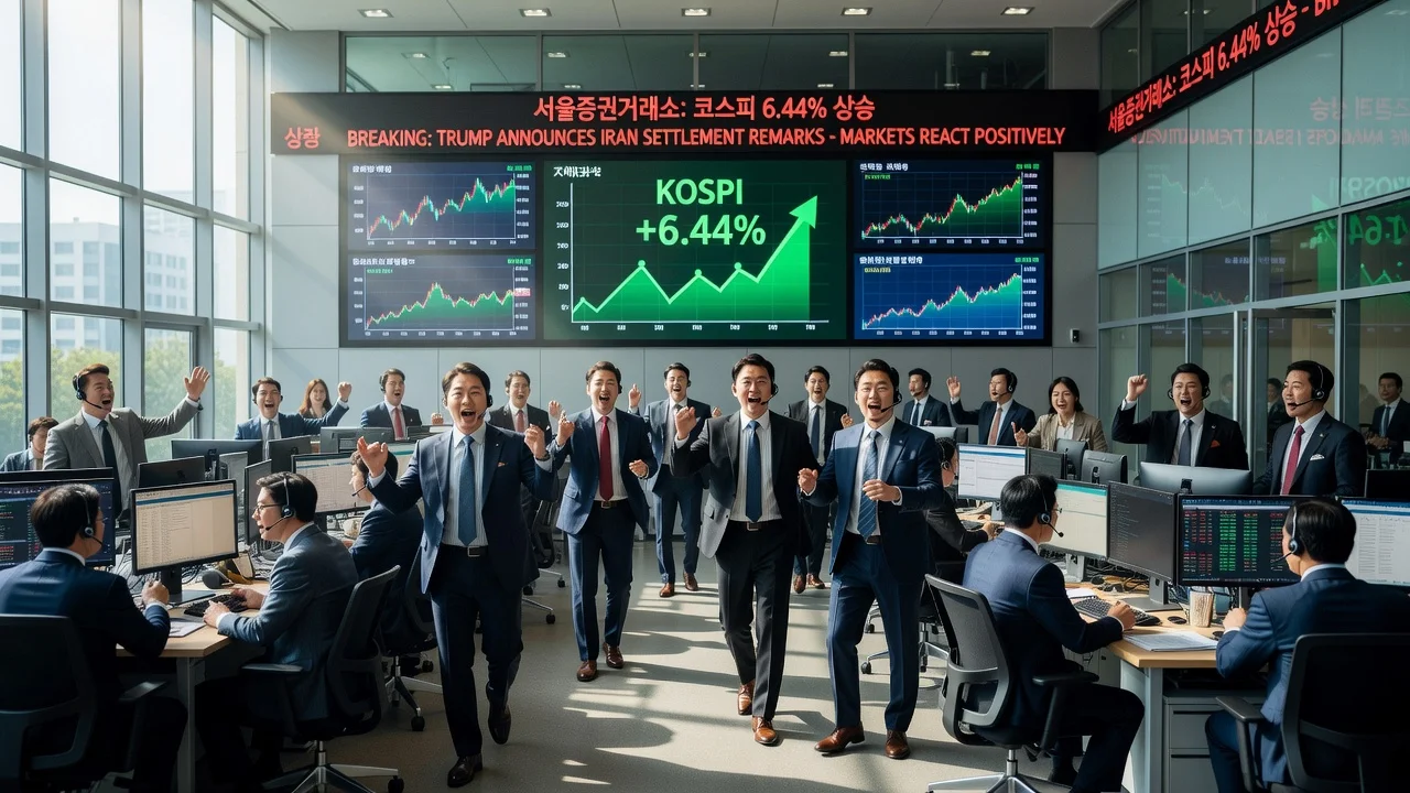 Traders on the KOSPI floor reacting positively to a sharp market surge after Trump-Iran news.