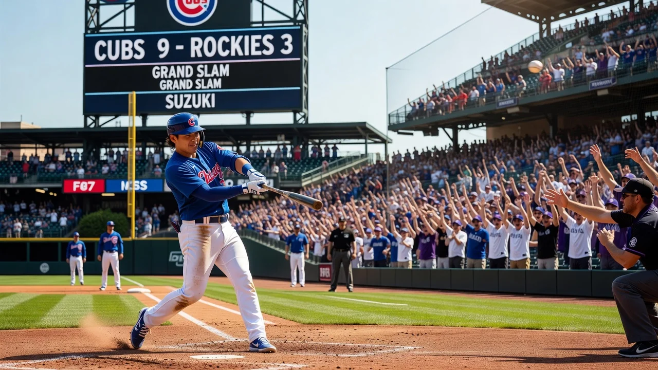 Seiya Suzuki hitting a grand slam during the Cubs vs Rockies baseball game at Coors Field.