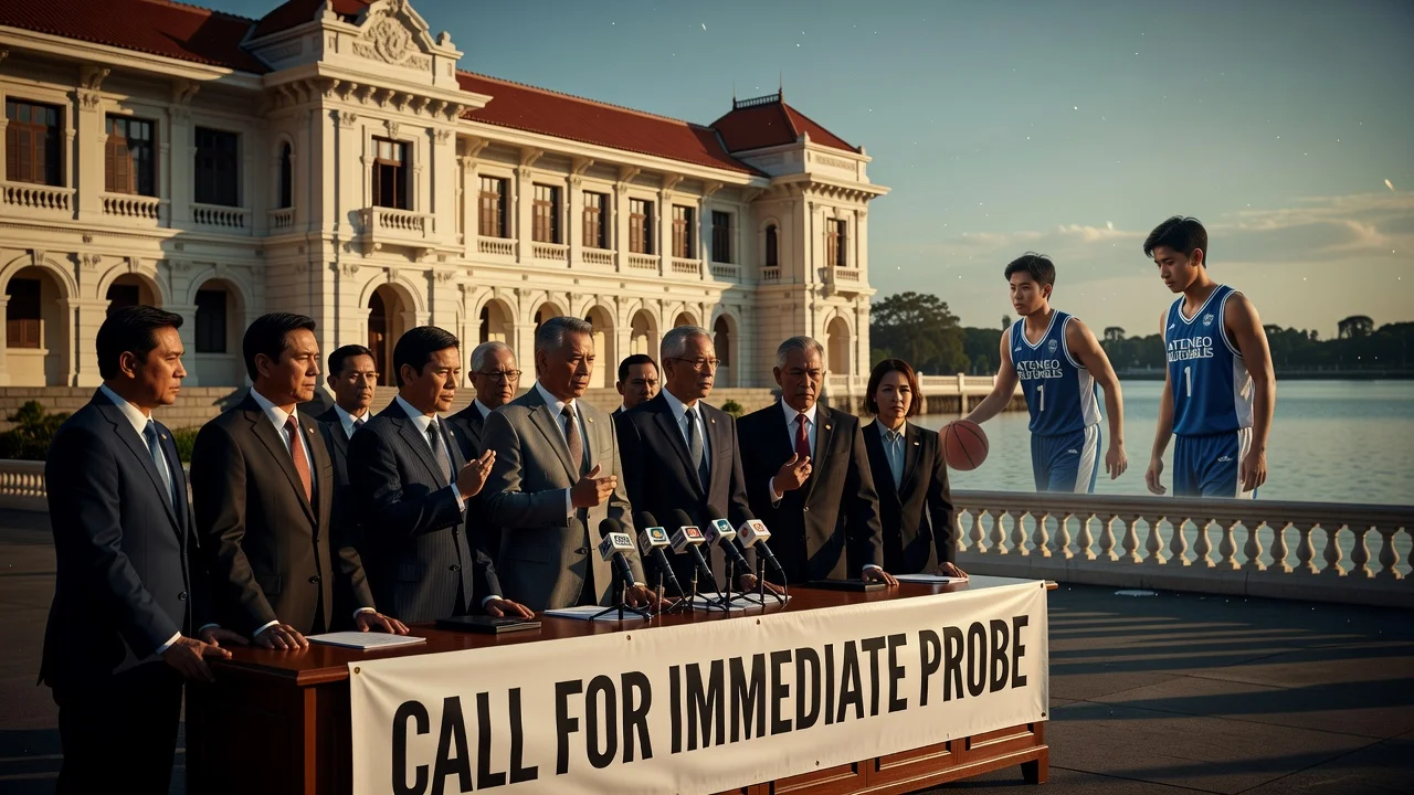 Illustration of Malacañang Palace with officials discussing the investigation into Ateneo athletes' drowning deaths.