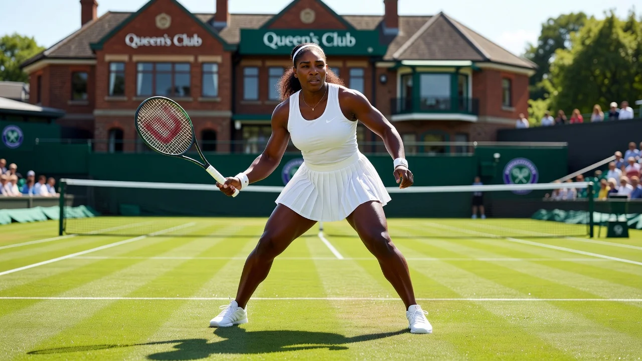 Serena Williams standing determined on a grass tennis court, evoking her Wimbledon return