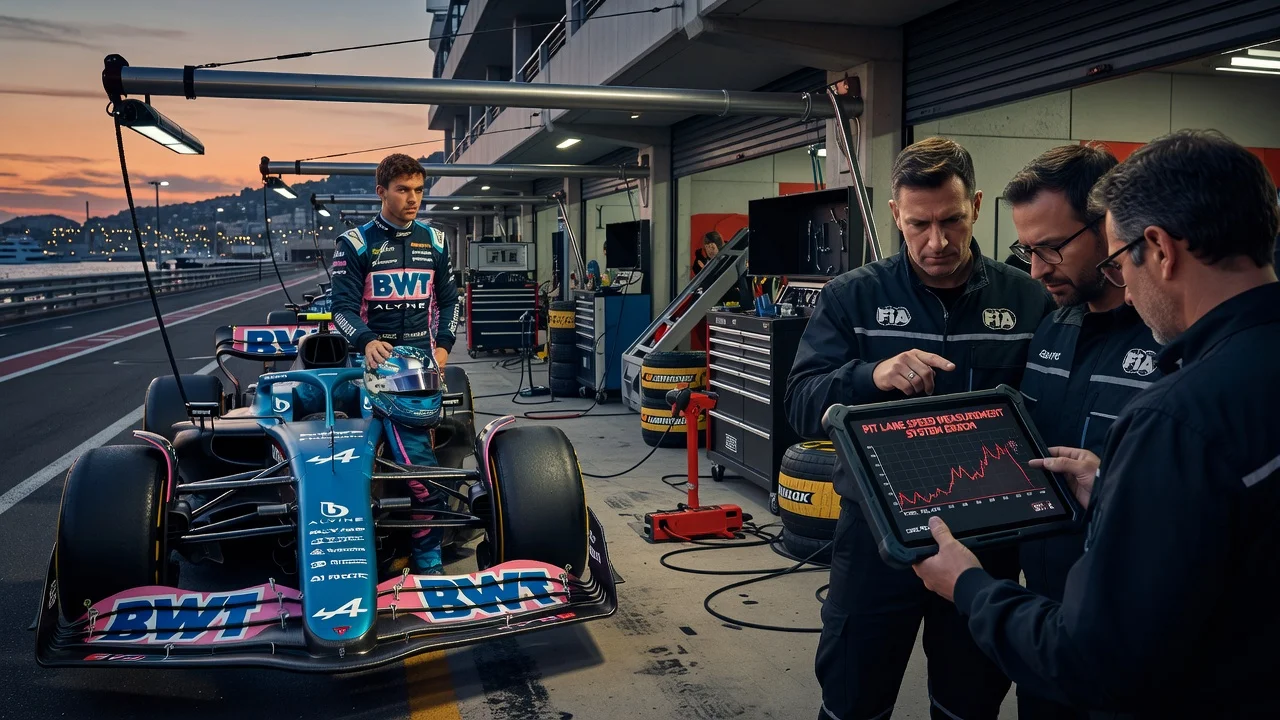 Pierre Gasly and FIA stewards in Monaco pit lane reviewing penalty evidence