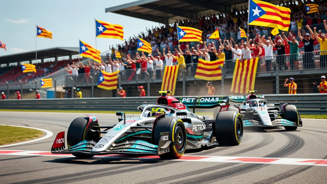 Realistic F1 scene of George Russell winning in Barcelona, ending Kimi Antonelli's streak.