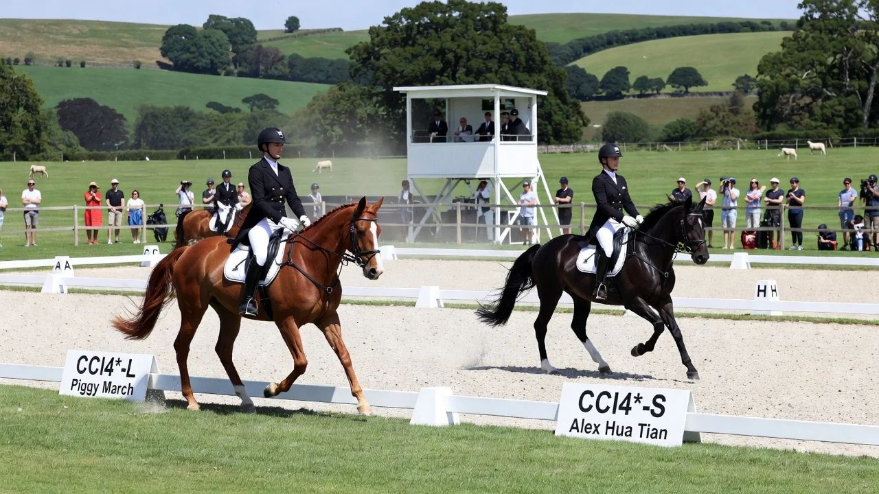 Piggy March and Alex Hua Tian competing in dressage at Bramham Horse Trials.