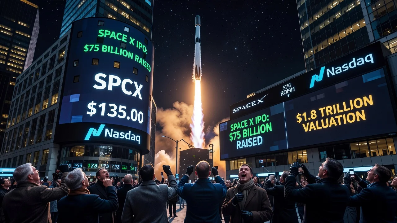 Illustration of SpaceX IPO on Nasdaq with stock price and rocket launch