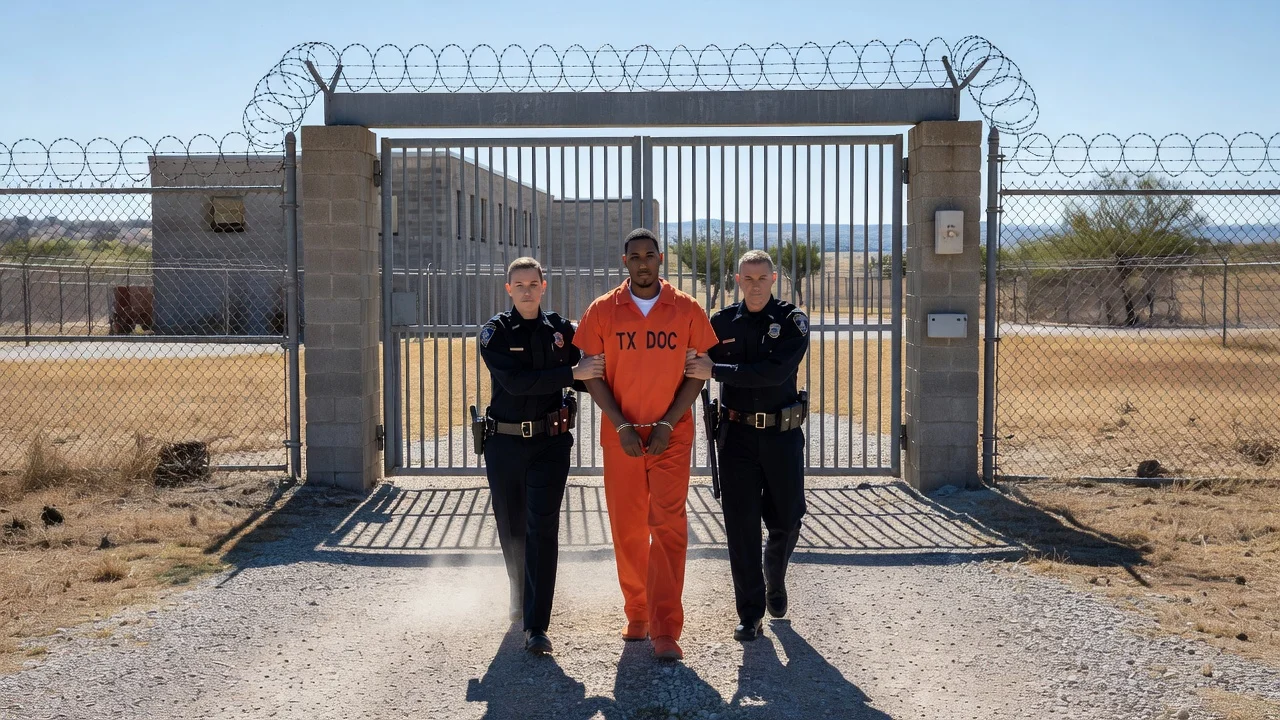 Illustration of Karmelo Anthony's transfer to a Texas prison following his 35-year murder sentence.