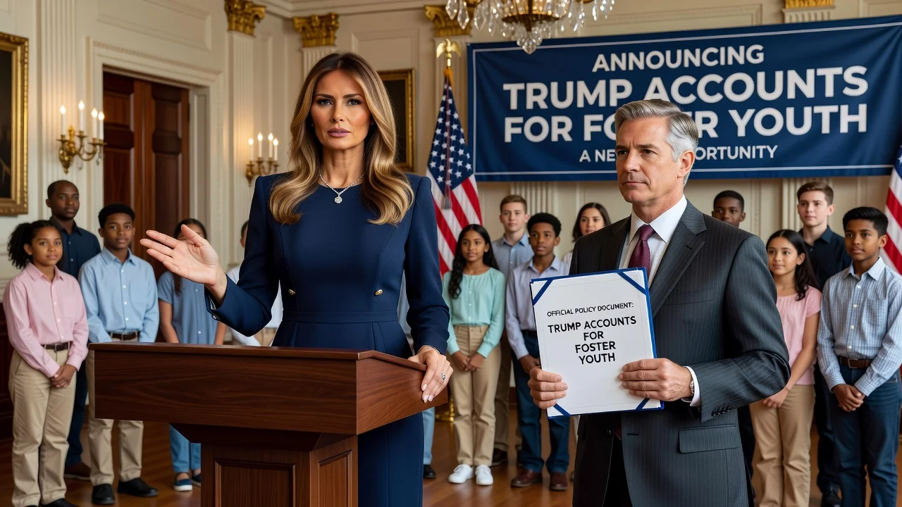 First Lady Melania Trump and Treasury Secretary Scott Bessent announcing the enrollment of foster youth in Trump Accounts.