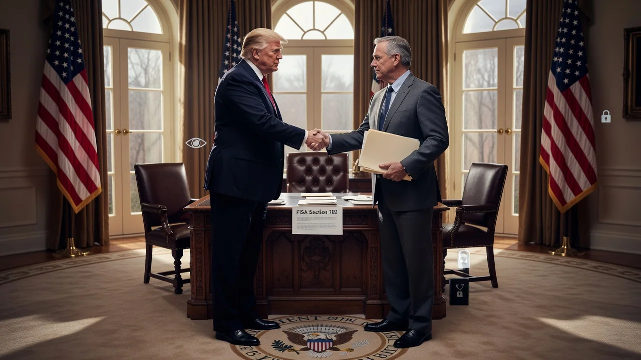 Illustration of President Trump appointing Bill Pulte as acting intelligence chief, with FISA documents visible.