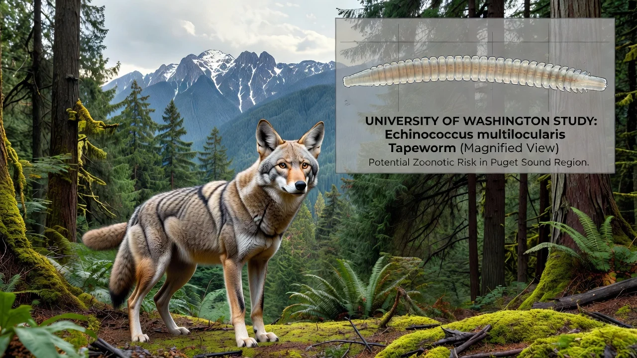 Illustration of a coyote in Puget Sound with tapeworm parasite overlay for news on parasite detection.