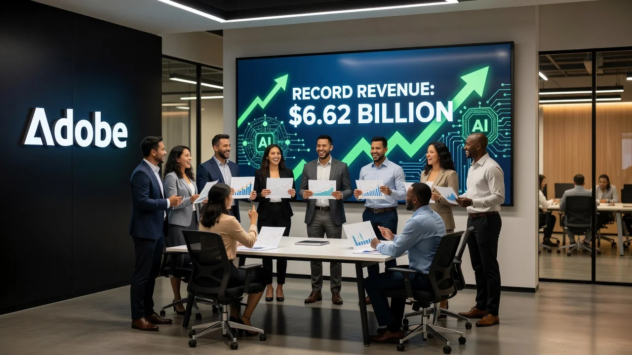 Illustration of Adobe's financial success with revenue charts and AI elements in a corporate setting.