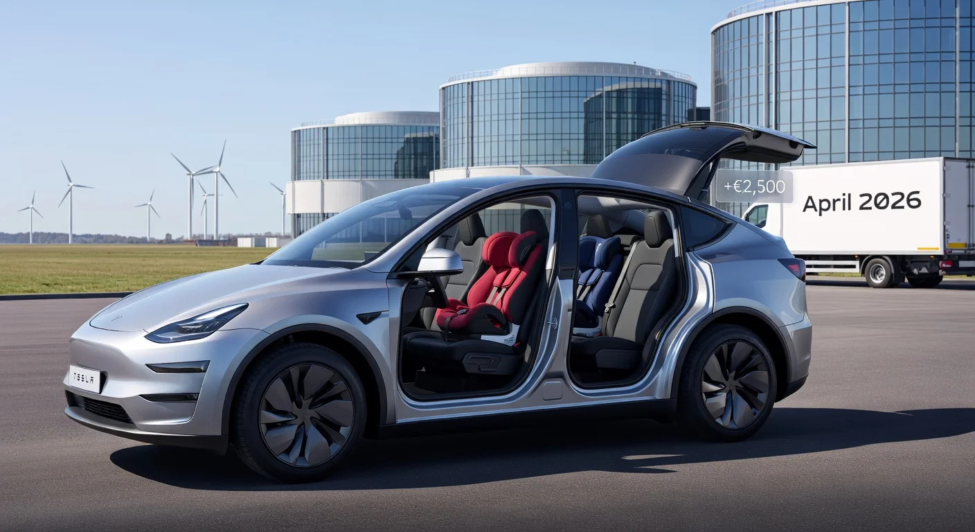 Tesla Model Y seven-seater variant showcased outside Gigafactory Berlin, with third-row seats visible, for European market relaunch.