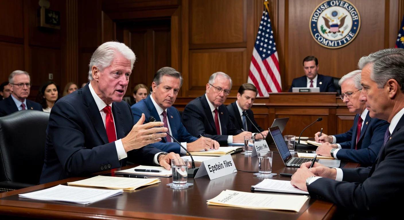 Bill Clinton testifying before the House Oversight Committee on his ties to Jeffrey Epstein, in a realistic congressional hearing scene.