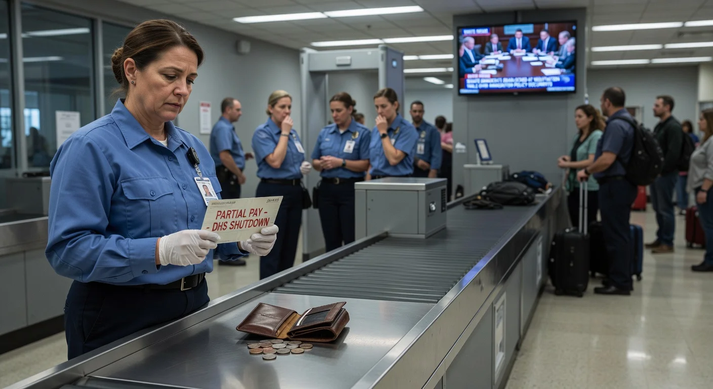 TSA workers anxious over missed pay amid DHS shutdown and stalled immigration talks.