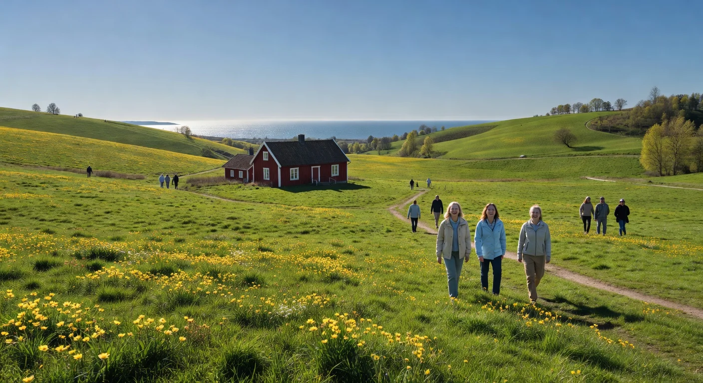 Photorealistic image of blooming spring meadows under sunny skies in Skåne, Sweden, signaling meteorological spring's arrival.