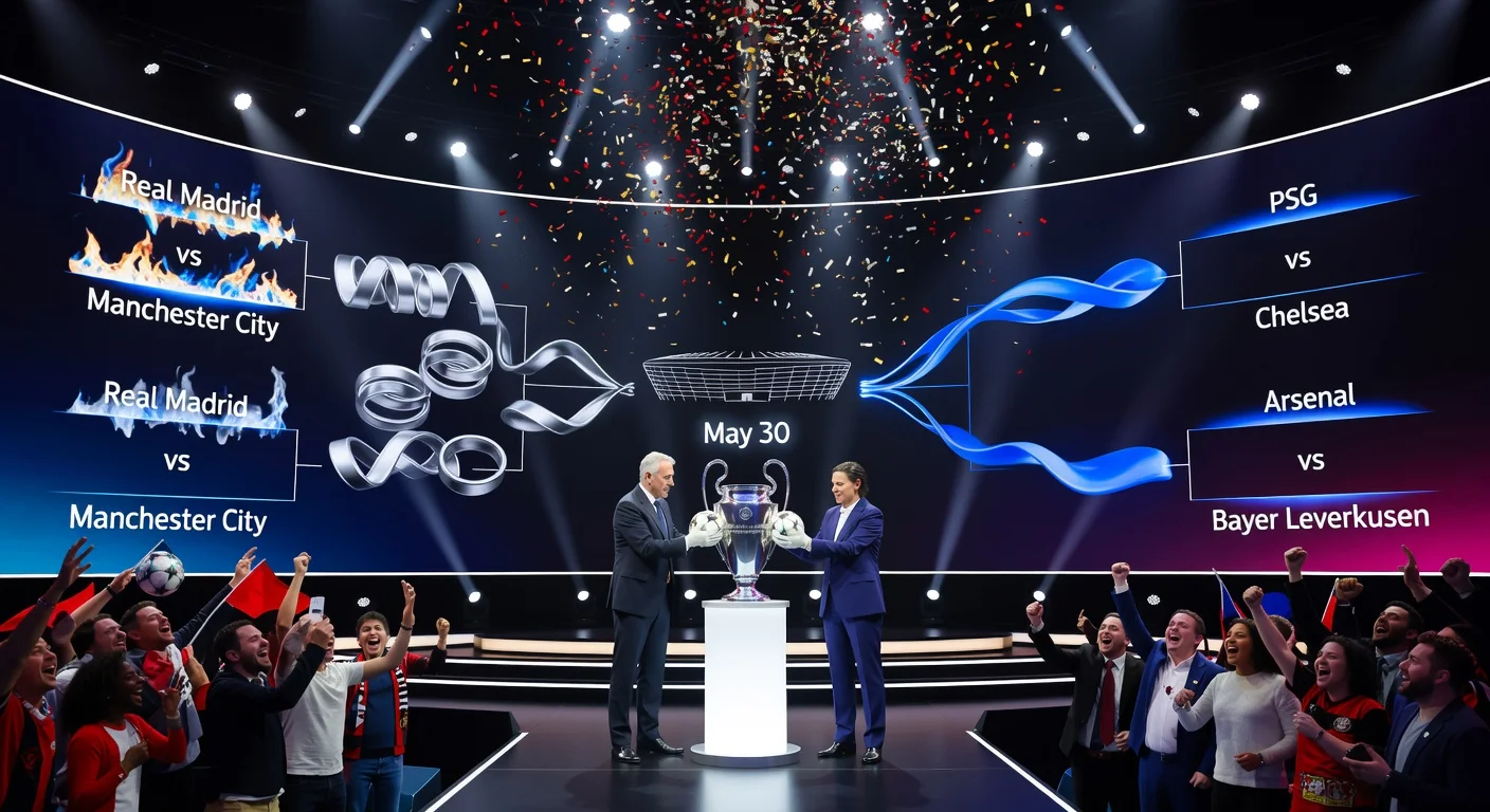 Dramatic illustration of UEFA Champions League round of 16 draw highlighting Real Madrid-Manchester City rematch, PSG-Chelsea, Arsenal-Leverkusen, and paths to Budapest final.