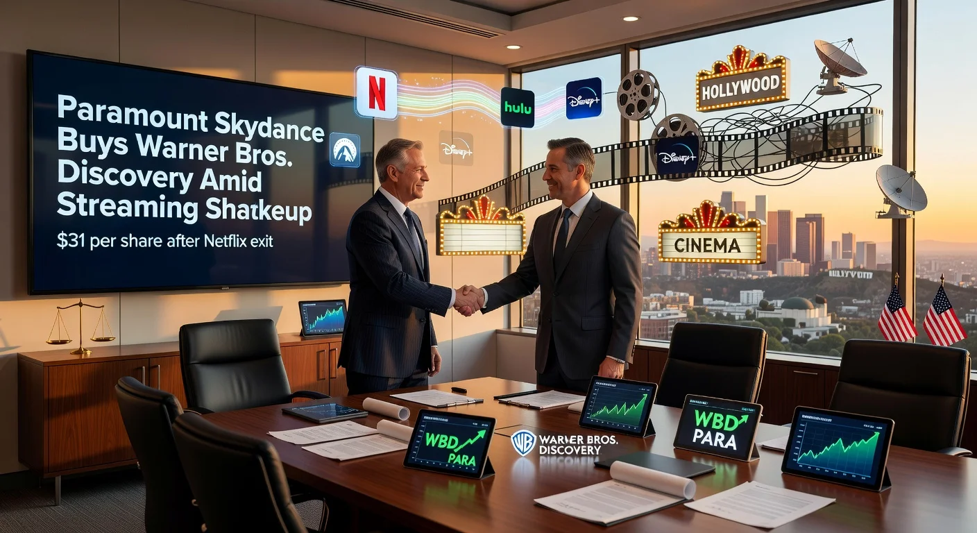 Illustration of executives from Paramount Skydance and Warner Bros. Discovery shaking hands to seal $31/share merger deal in a boardroom, symbolizing media industry consolidation.