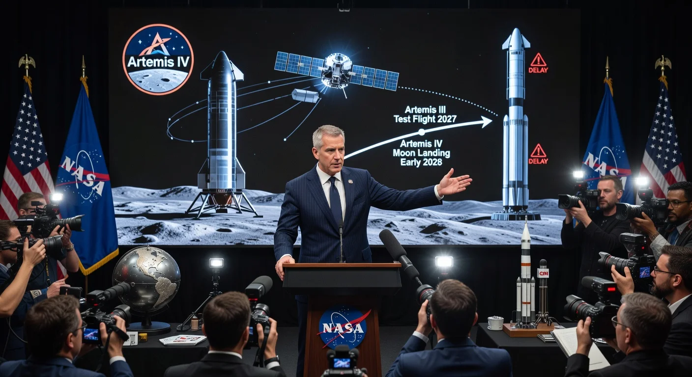 NASA Administrator Jared Isaacman announces delay of first human moon landing to Artemis IV in 2028 during press conference.