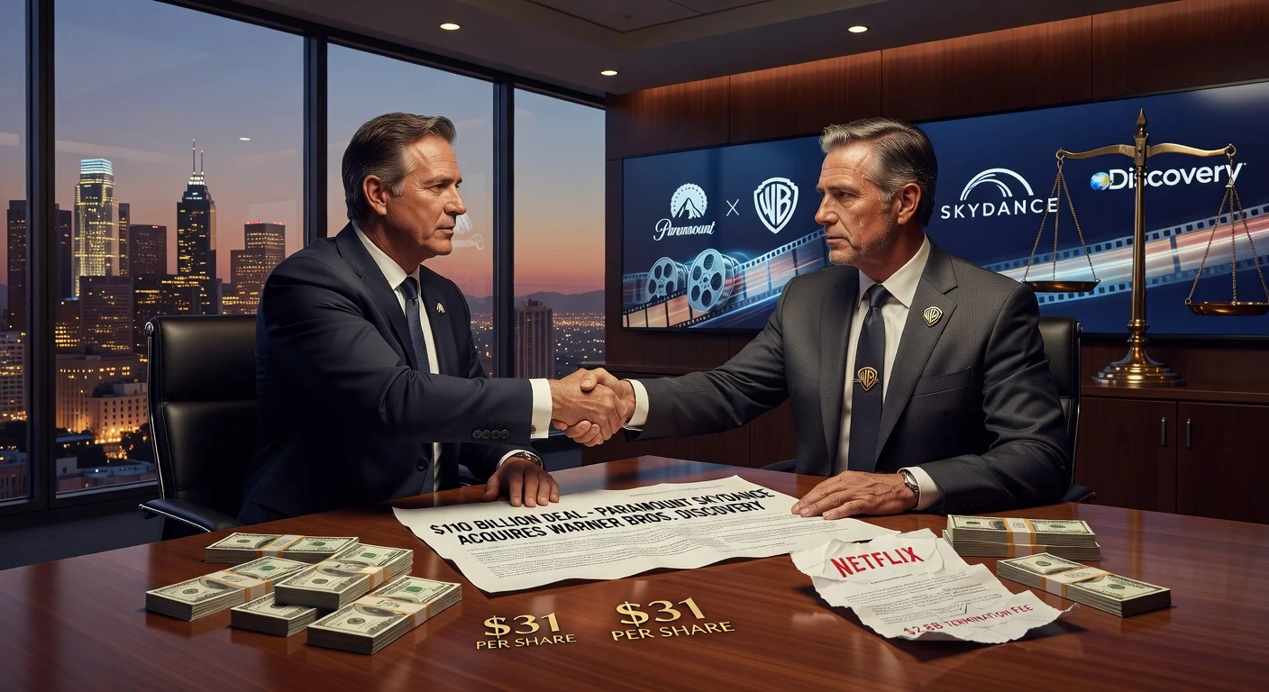 Executives shaking hands over $110B Paramount Skydance-Warner Bros. Discovery acquisition deal contract, outbidding Netflix, in a Hollywood boardroom.