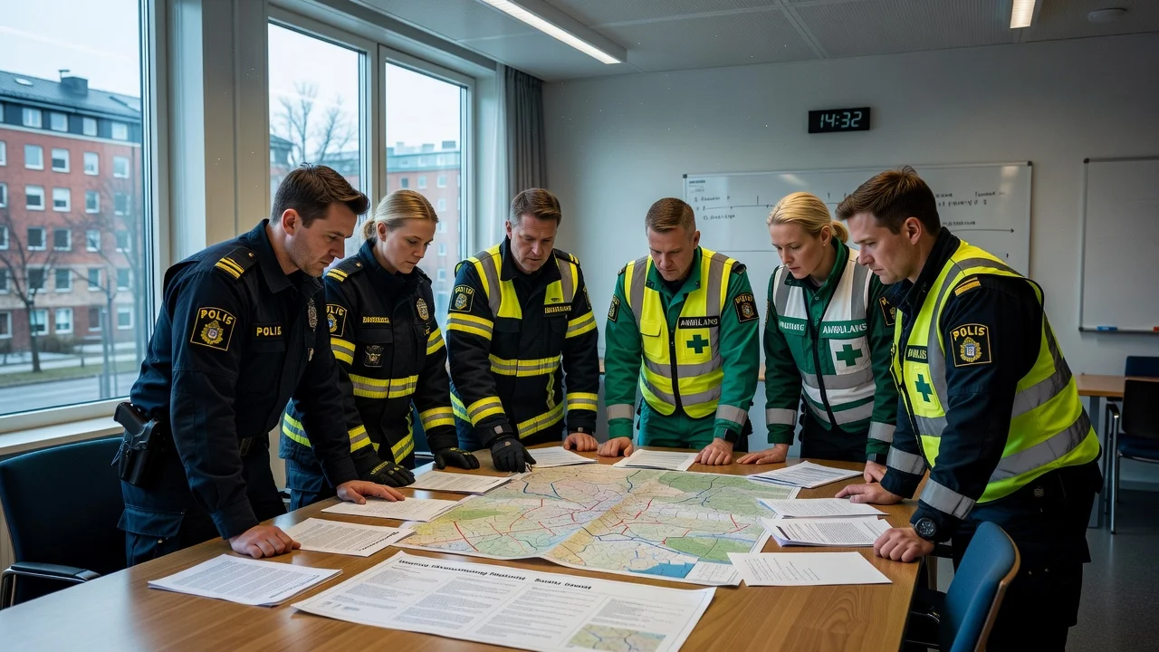 Swedish emergency services team in a post-incident evaluation meeting at a school following a mass shooting.