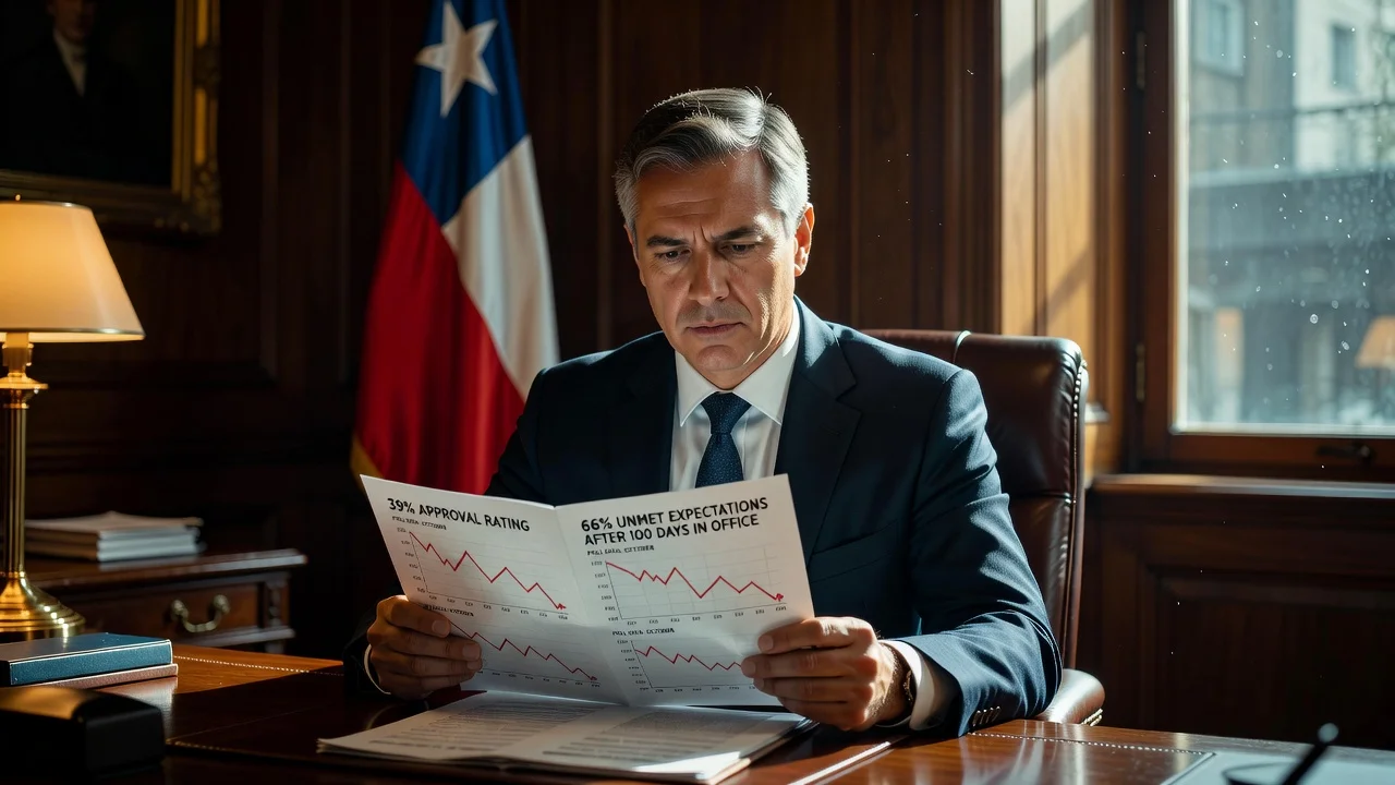 Illustration of President Kast reviewing declining poll results showing 39% approval.