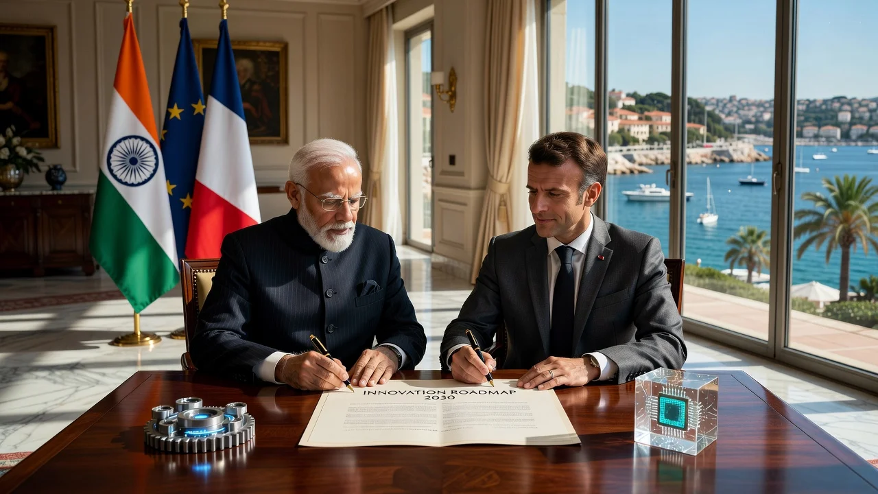 Narendra Modi and Emmanuel Macron signing the Innovation Roadmap 2030 agreement in Nice, France.