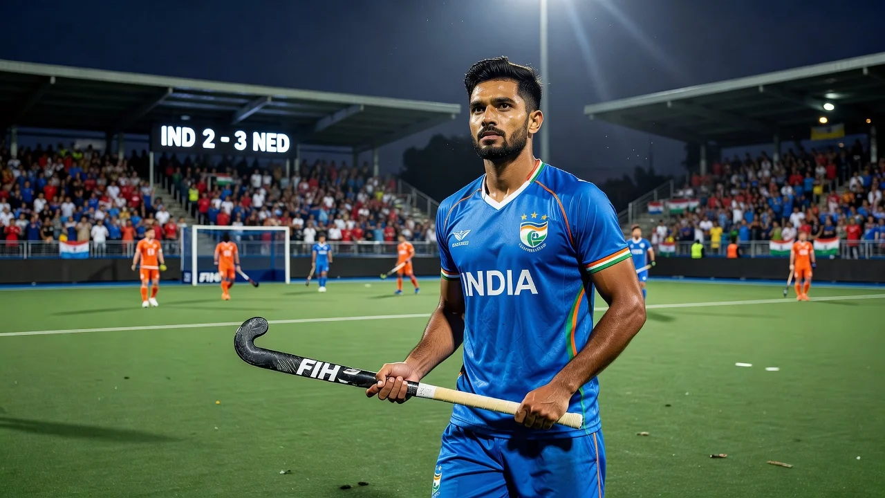 Manpreet Singh in action on hockey field vs Netherlands, mixed pride and disappointment after 2-3 loss and record achievement.