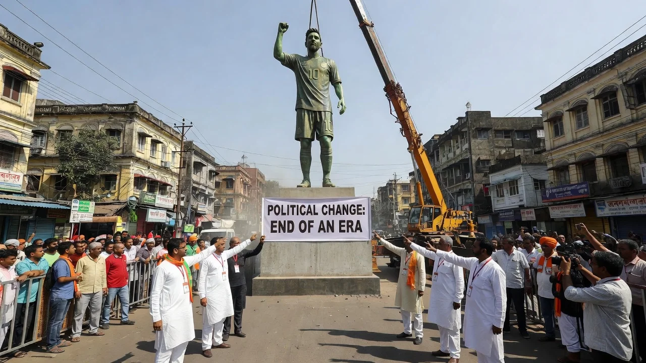 A large statue of Lionel Messi being dismantled and removed from a street in Kolkata by construction workers and cranes.