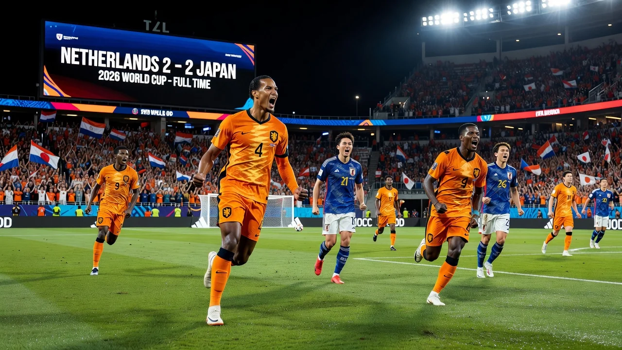Illustration of Netherlands vs Japan World Cup match ending 2-2 in Dallas stadium.