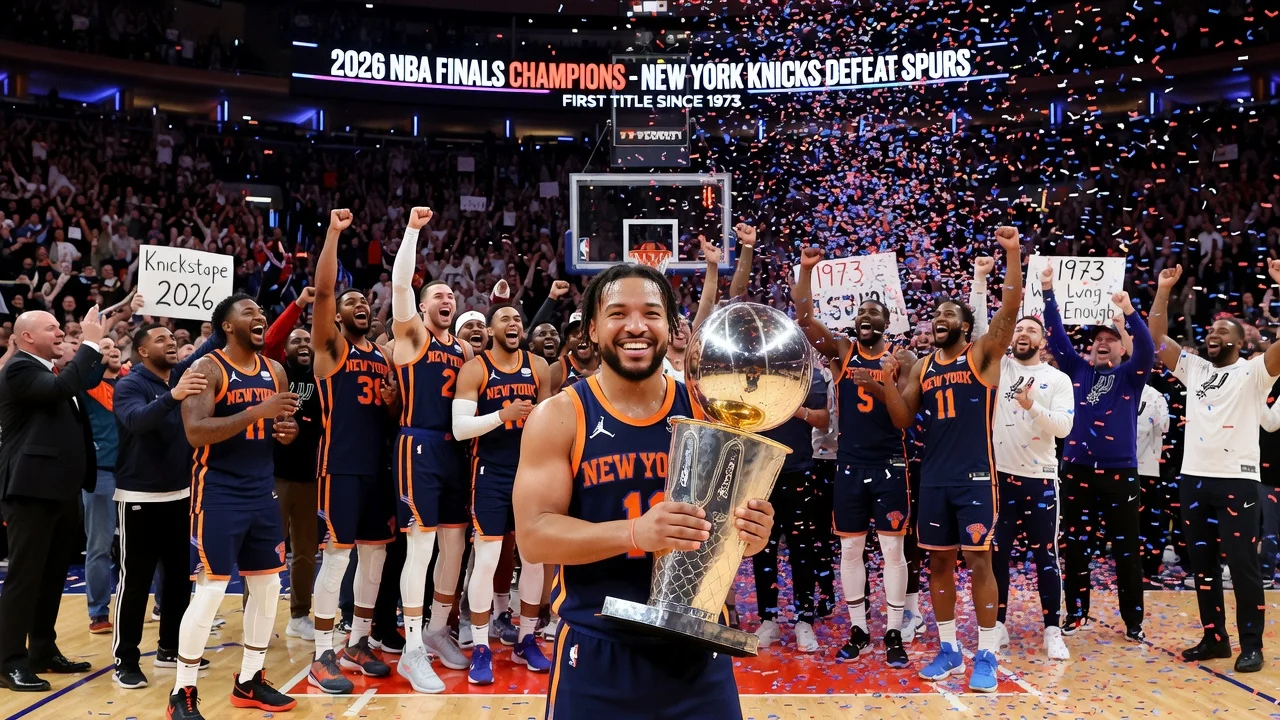 New York Knicks celebrating 2026 NBA title with Jalen Brunson holding the trophy