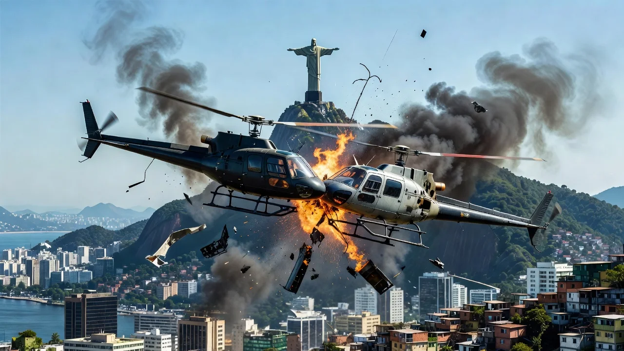 Illustration of a helicopter crash over Rio de Janeiro involving two aircraft, for a news article on Oliver Tree's death.