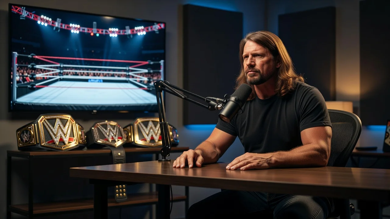 Illustration of AJ Styles reflecting on Vince McMahon's WWE era during a podcast