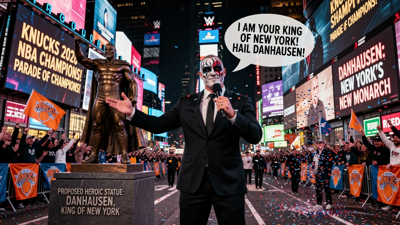 Danhausen demanding statue and parade after Knicks championship, realistic Times Square scene for news article