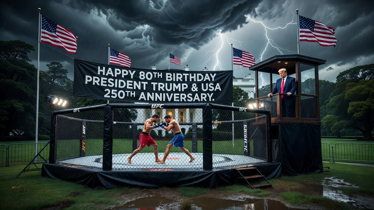 UFC octagon set up on the White House lawn during a thunderstorm for Trump's 80th birthday event.