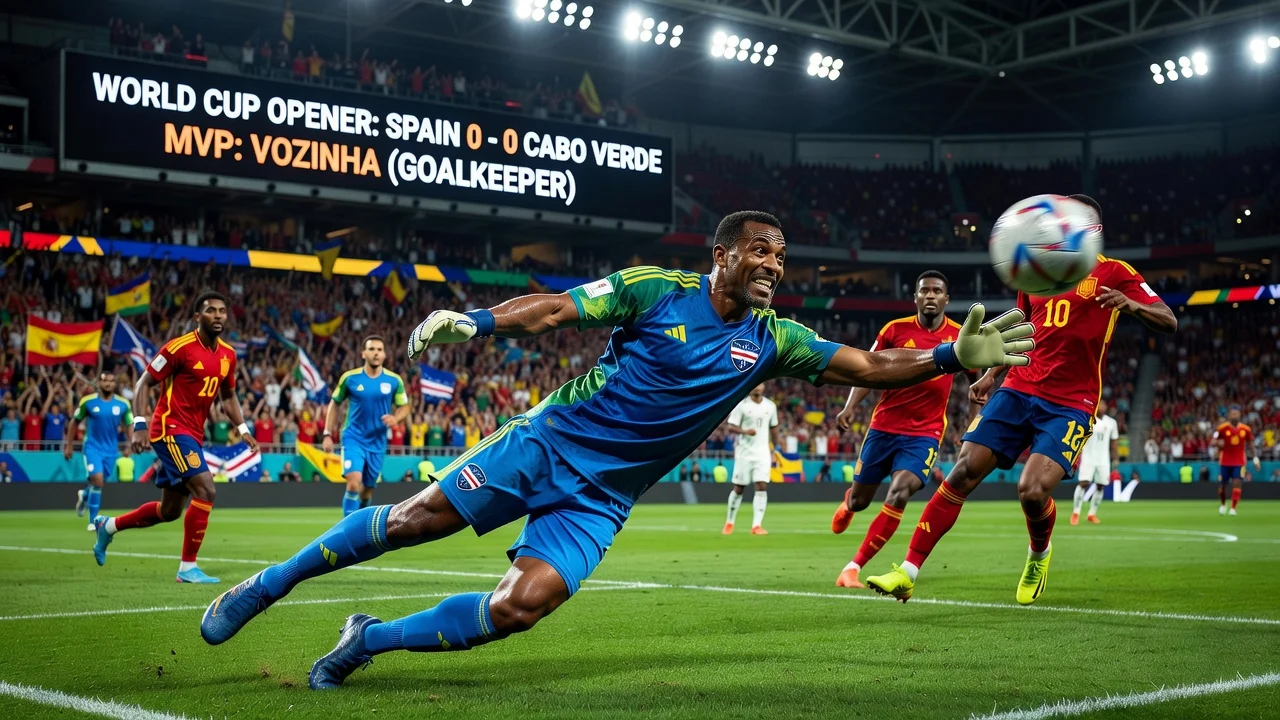 Goalkeeper Vozinha making a decisive save during Spain vs Cabo Verde World Cup match in Atlanta