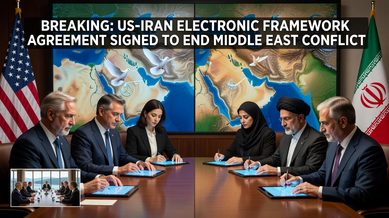 Illustration of US and Iran signing peace agreement electronically via video conference.