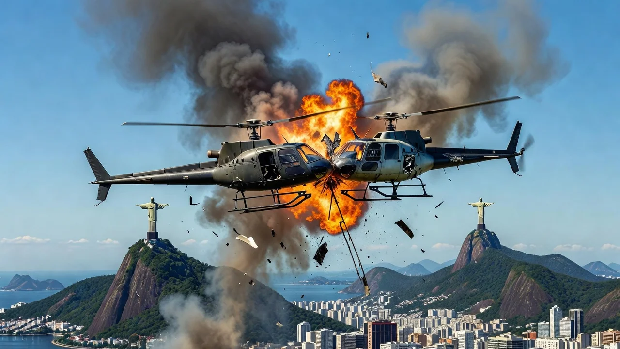 Illustration of two helicopters colliding in mid-air over Rio de Janeiro, Brazil.