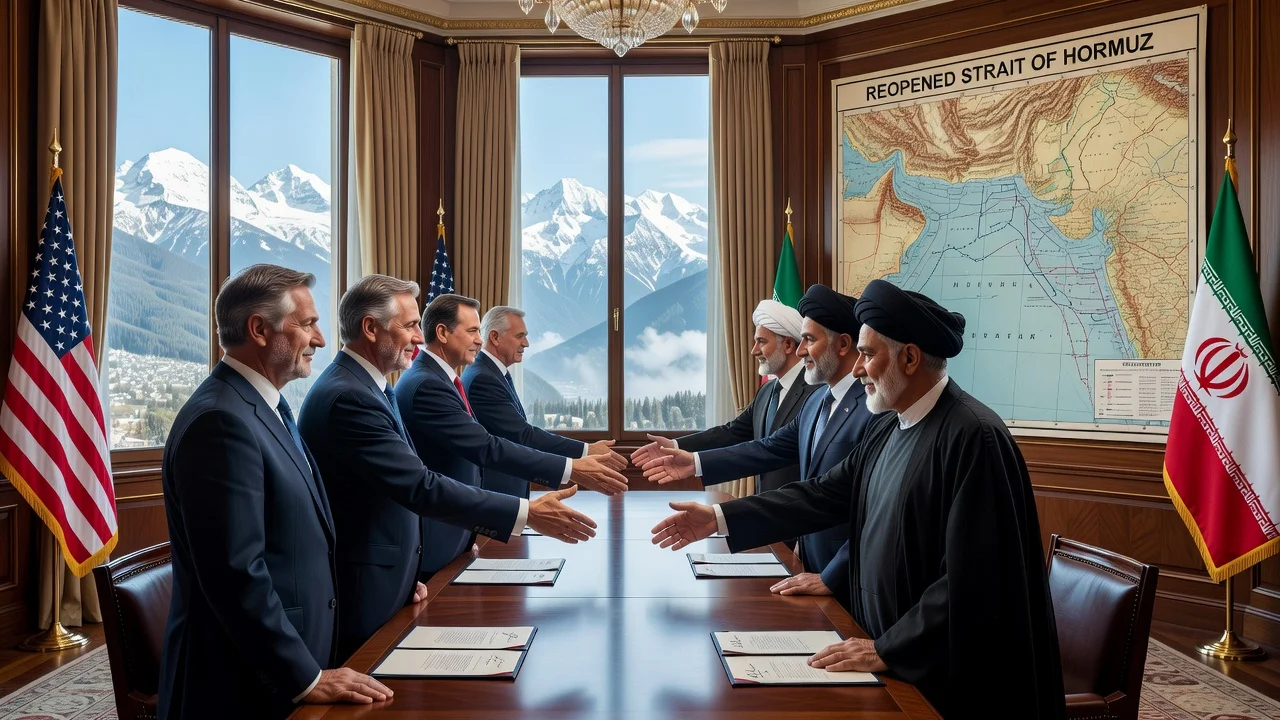 US and Iranian diplomats signing peace memorandum in Geneva to end conflict, with flags and Strait of Hormuz map.