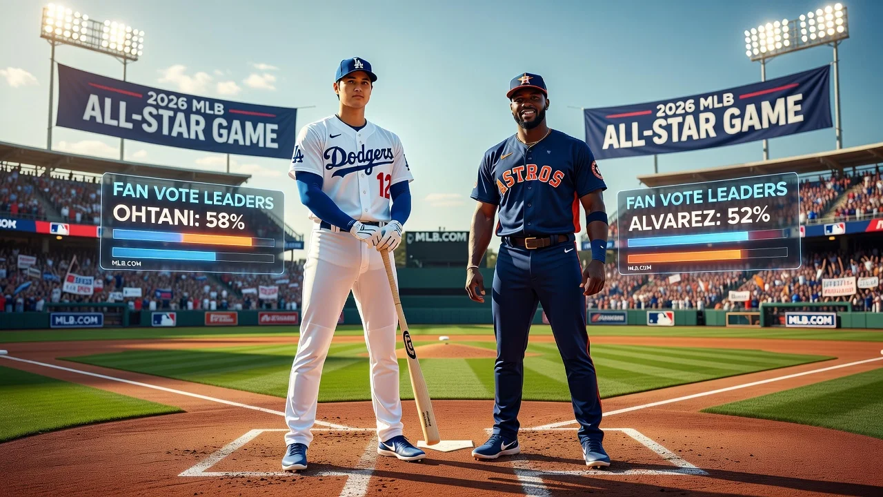 Illustration of Shohei Ohtani and Yordan Alvarez leading MLB All-Star fan voting.
