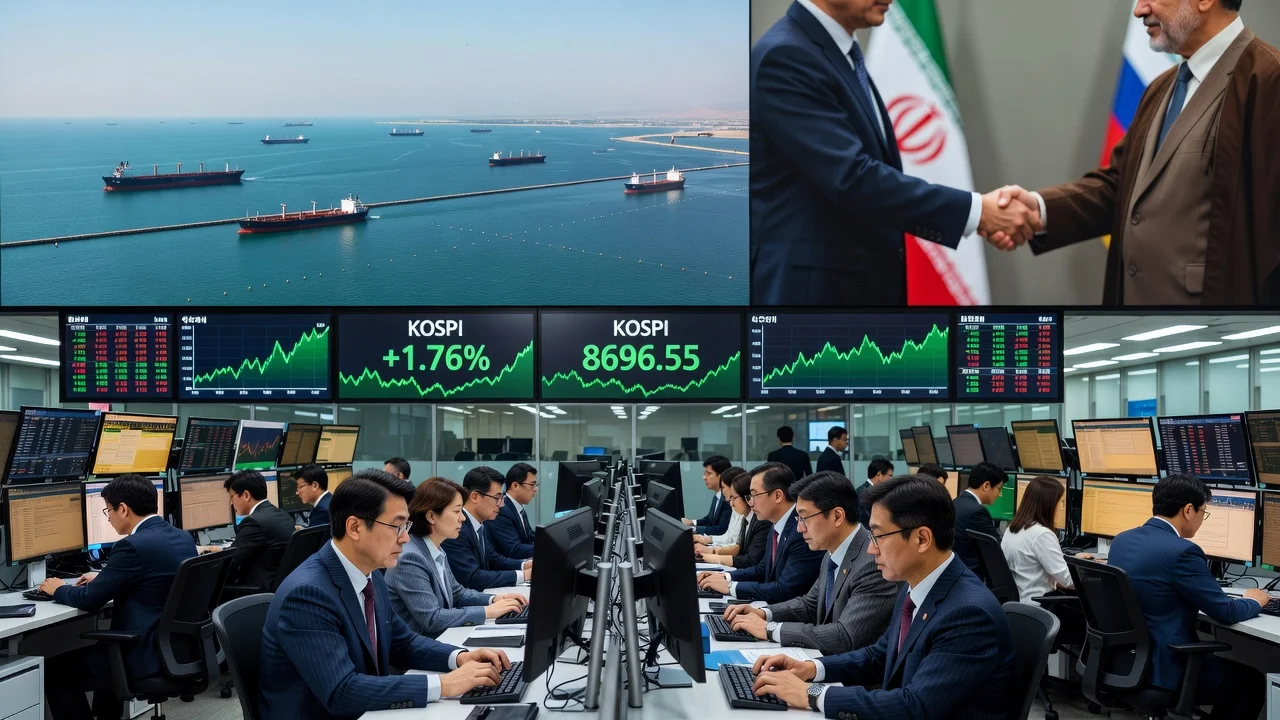 Illustration of Seoul stocks rising after US-Iran agreement, showing trading floor with KOSPI index up and Strait of Hormuz in background.