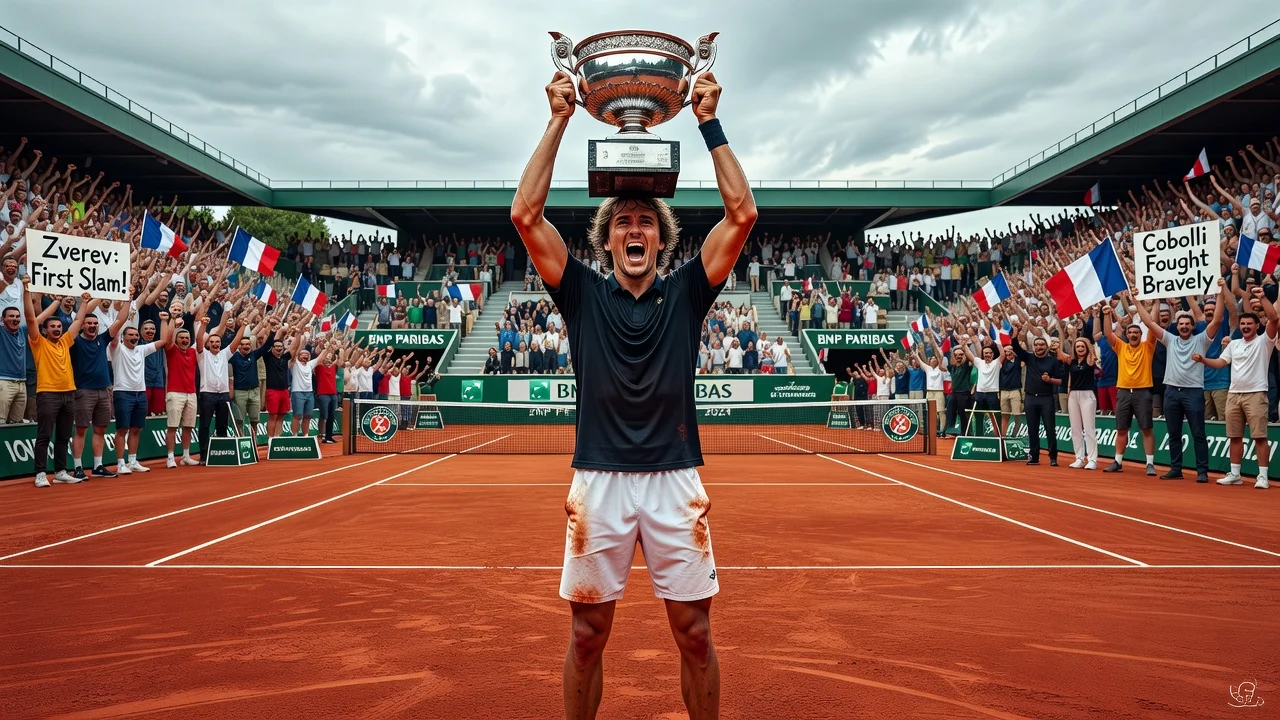 Alexander Zverev holding the French Open trophy after winning his first Grand Slam title against Flavio Cobolli.