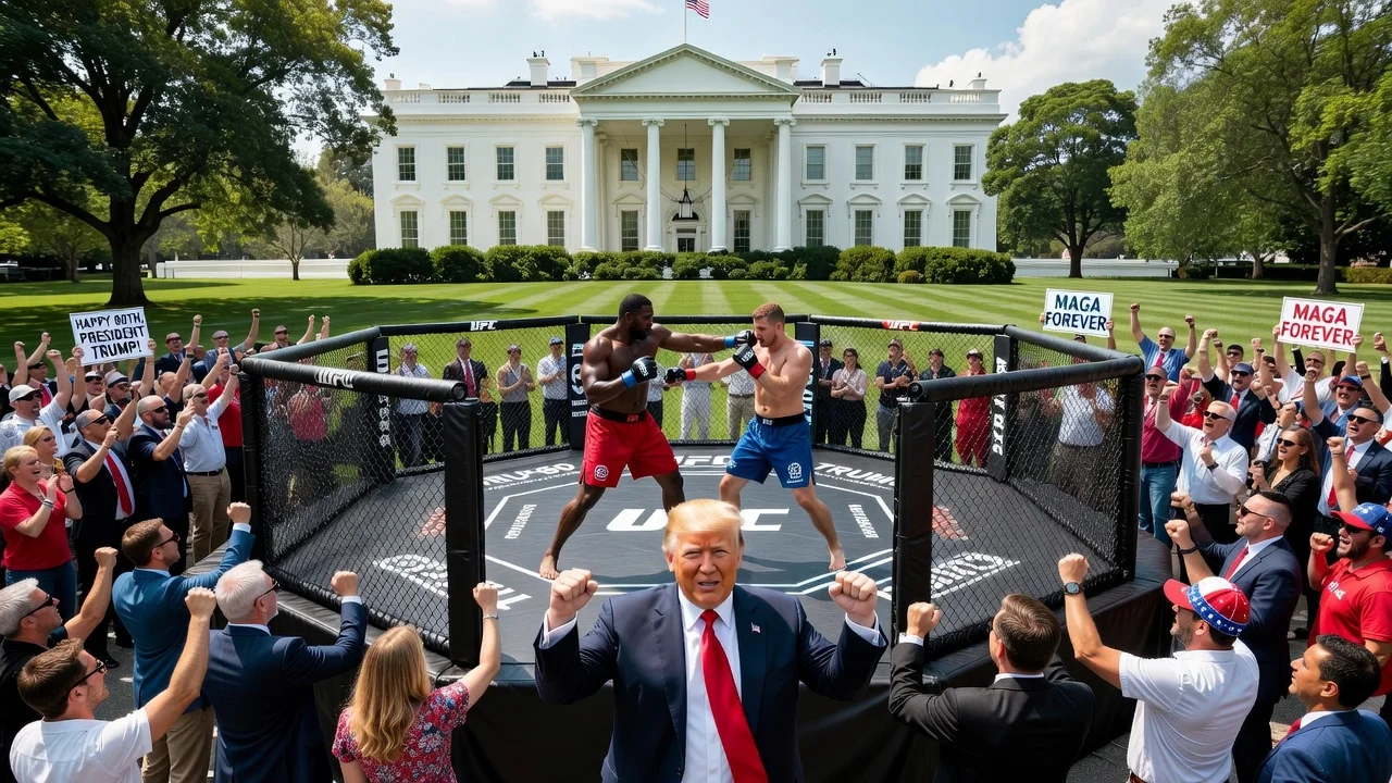 UFC event on the White House lawn celebrating President Trump's 80th birthday, with fighters in an octagon and spectators.