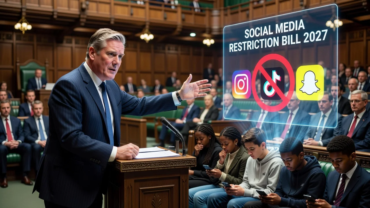 Photorealistic image of PM Keir Starmer announcing social media ban for under-16s in UK Parliament, with frustrated teens and blocked app icons.