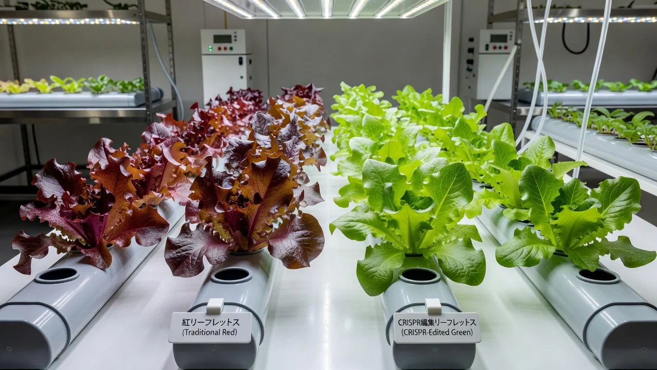 Side-by-side red and green lettuce plants in a lab setting illustrating CRISPR gene editing results