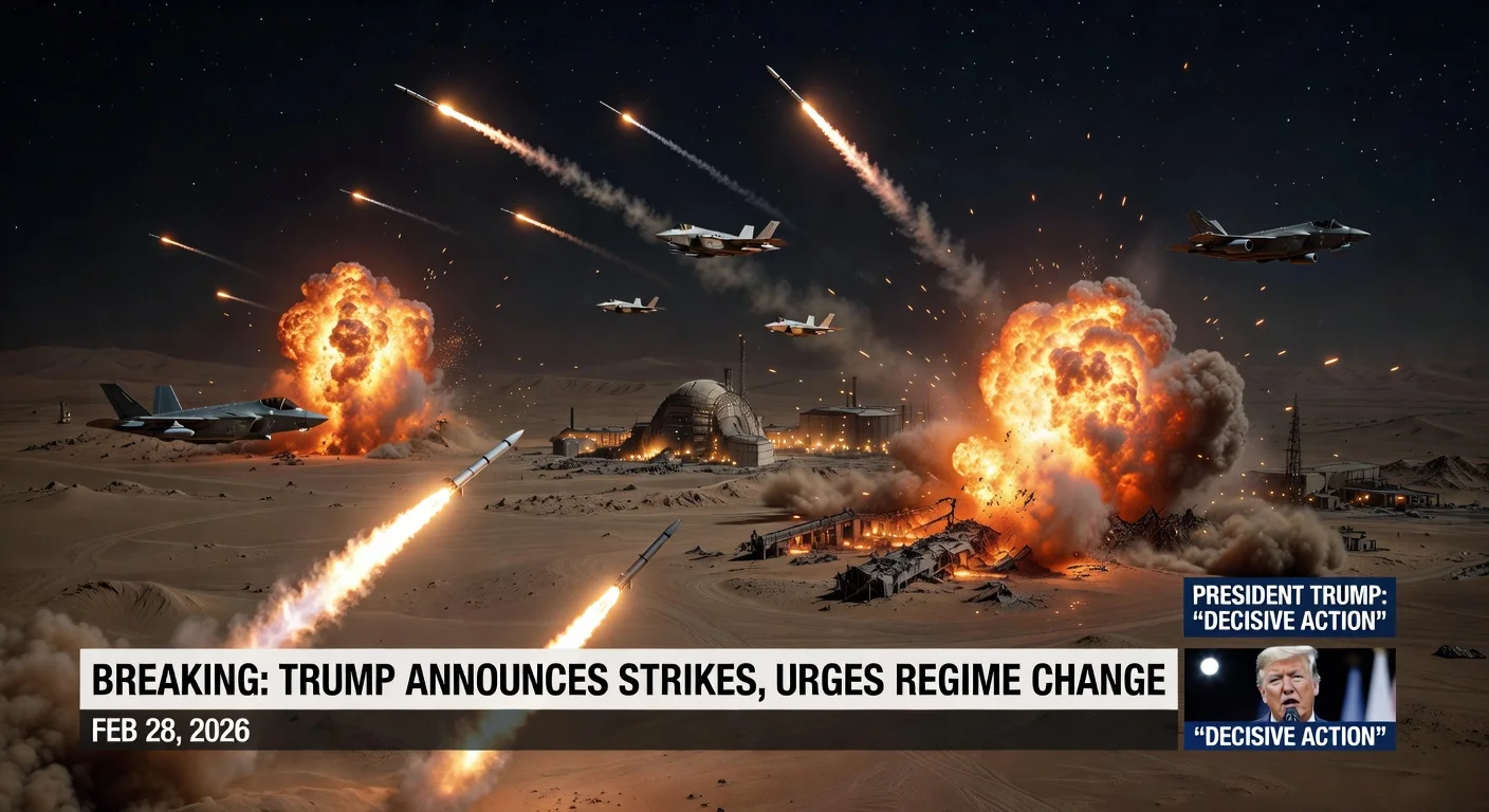 Dramatic nighttime illustration of US-Israel airstrikes on Iranian nuclear sites with explosions and retaliatory missile launches, news overlay featuring President Trump announcement.