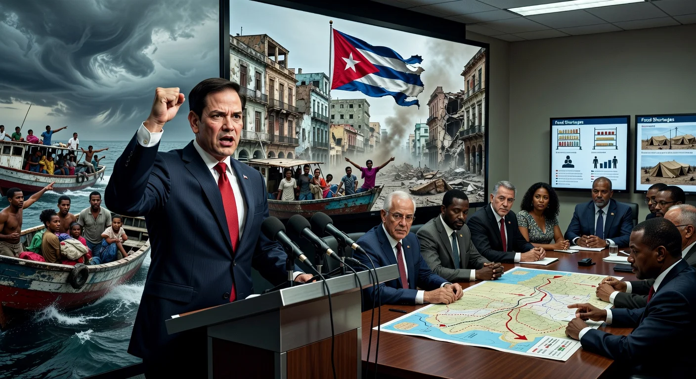 Marco Rubio urges political change in Cuba as Caribbean leaders warn of humanitarian crisis and mass migration in this vivid news illustration.