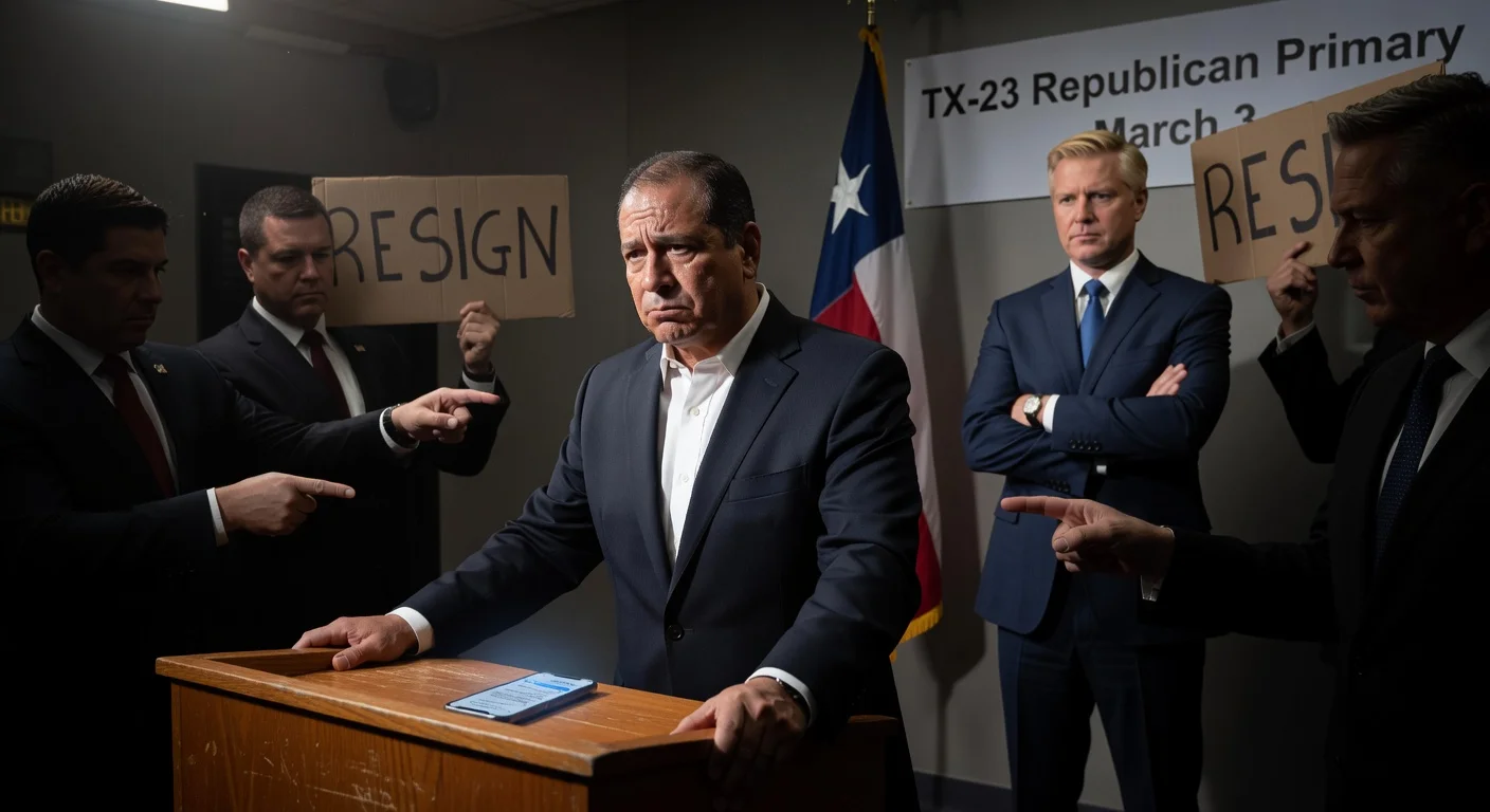 Illustration of Rep. Tony Gonzales under GOP pressure from explicit texts scandal, Speaker Johnson declining resignation call.