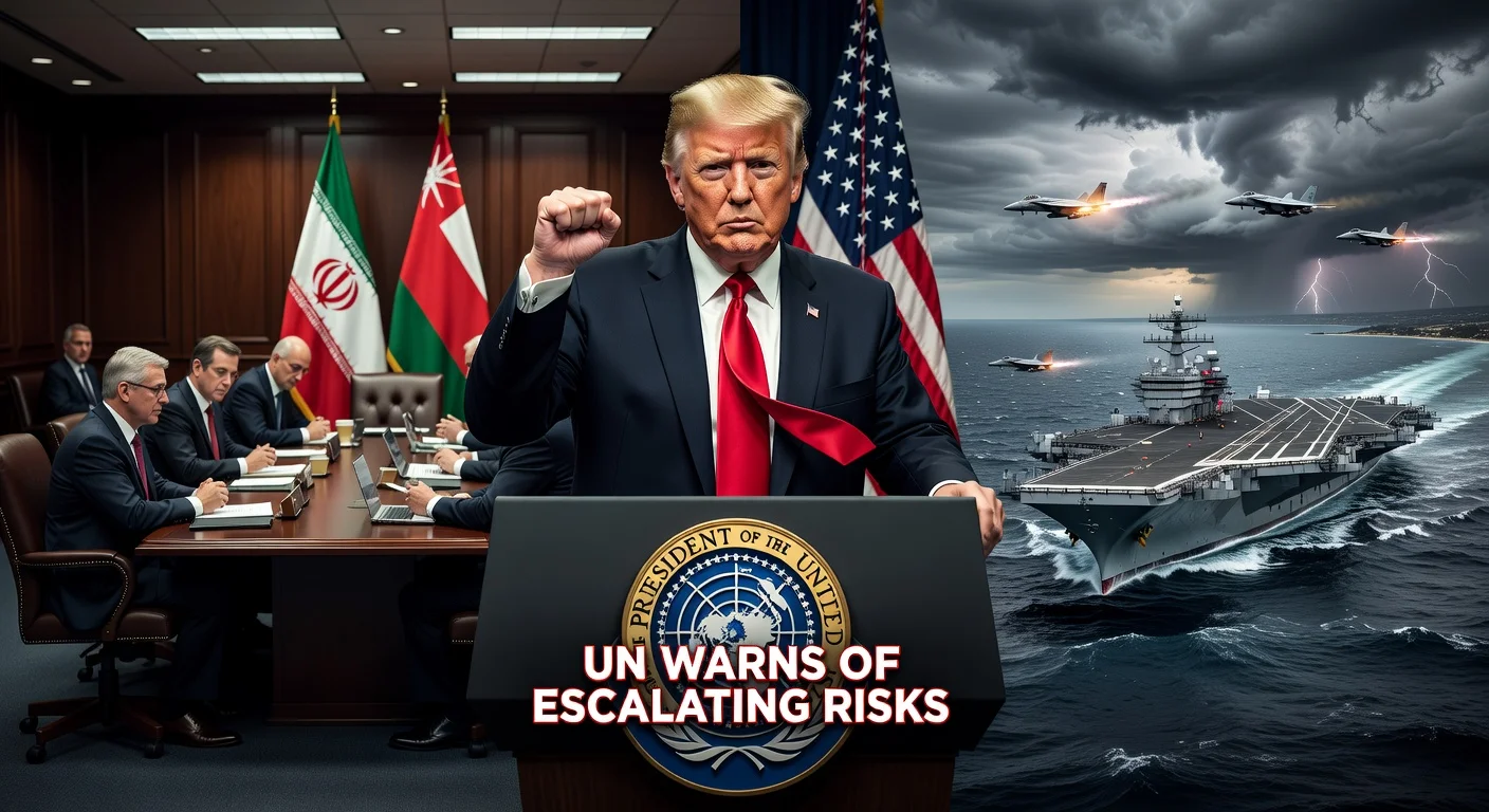 Illustration of President Trump voicing dissatisfaction with Iran nuclear talks while U.S. military options loom in the background.