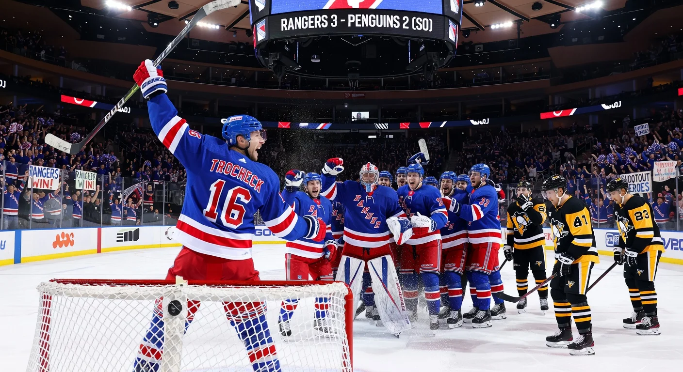 New York Rangers celebrate shootout win over Pittsburgh Penguins at Madison Square Garden, with Trocheck's game-winning goal and Shesterkin's key saves.