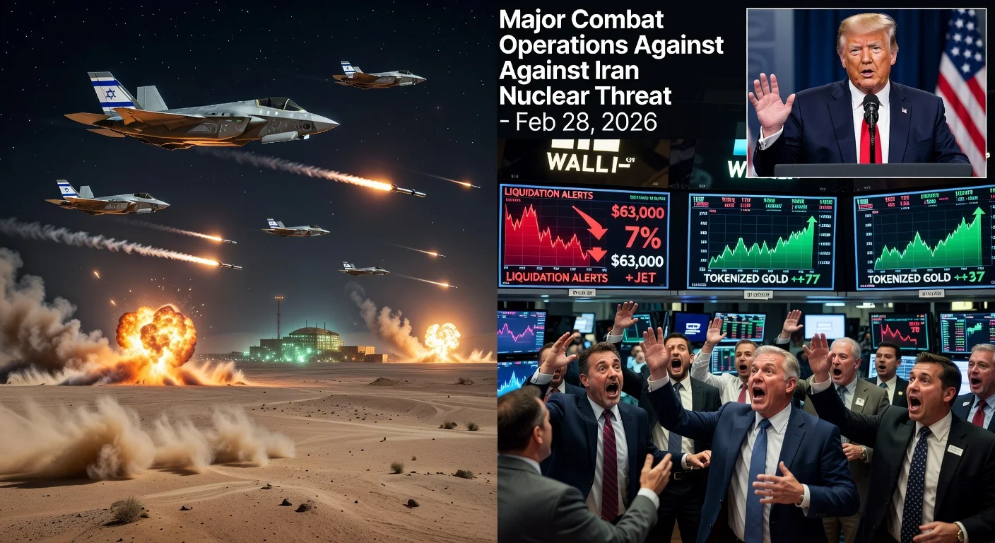 Dramatic split-image illustration of US-Israel military strikes on Iran coinciding with Bitcoin price drop to $63,000 and crypto market crash, featuring jets, explosions, trading floor panic, and Trump announcement.