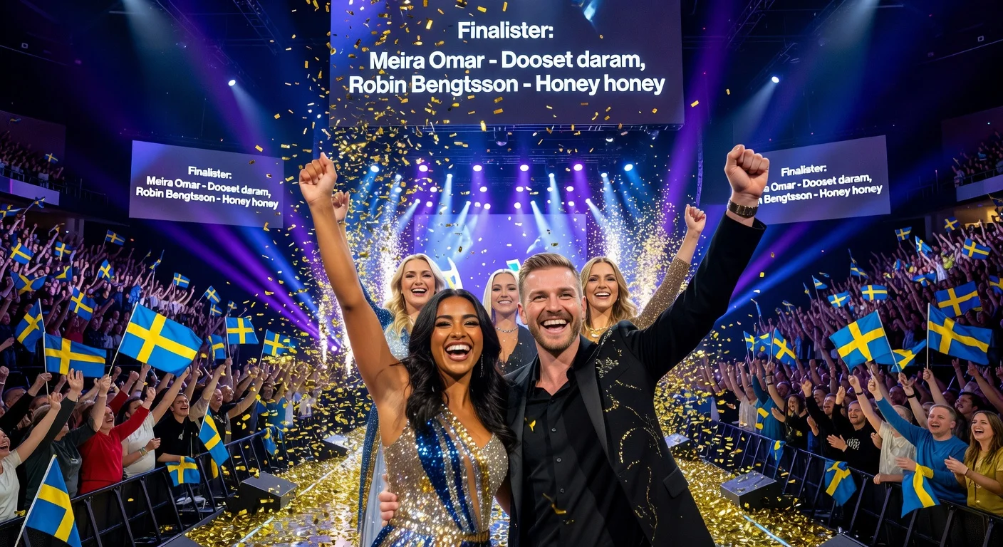 Meira Omar and Robin Bengtsson celebrate advancing to the Melodifestivalen 2026 final on stage in Sundsvall with confetti and cheering crowd.